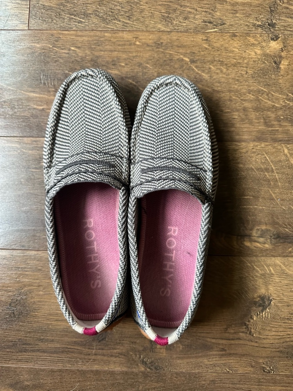 Rothy's Herringbone Penny Loafers in Black & White with Pink Insoles - Picture 2 of 4